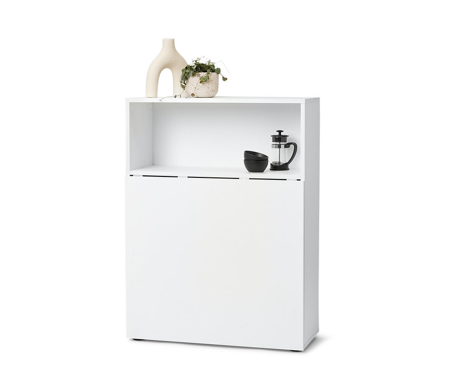 Weißes Regal mit ausklappbarem Tisch. Auf dem oberen Regalbrett stehen eine Vase und eine Topfpflanze.