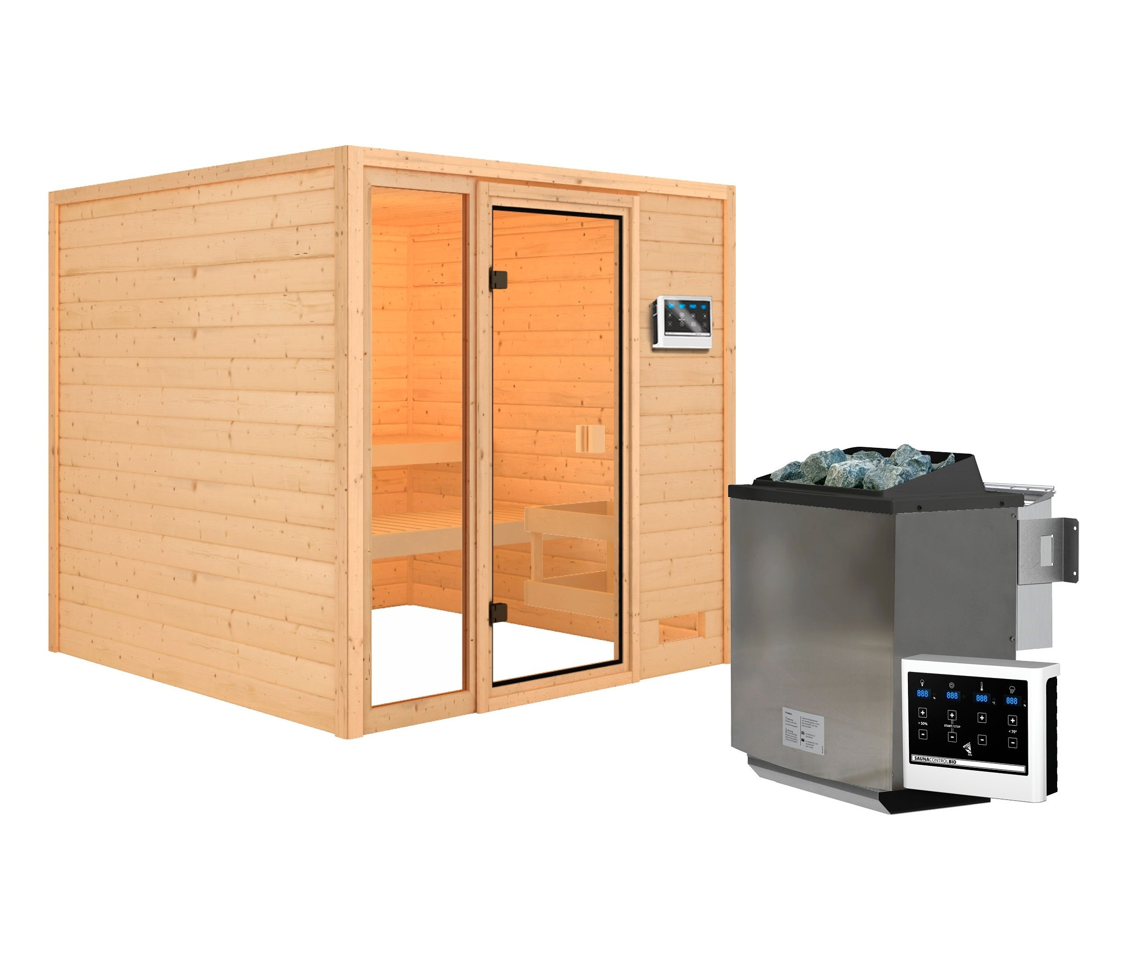 Karibu Sauna »Ciera«, Bio mit Glastür und Ofen mit Lavasteinen.