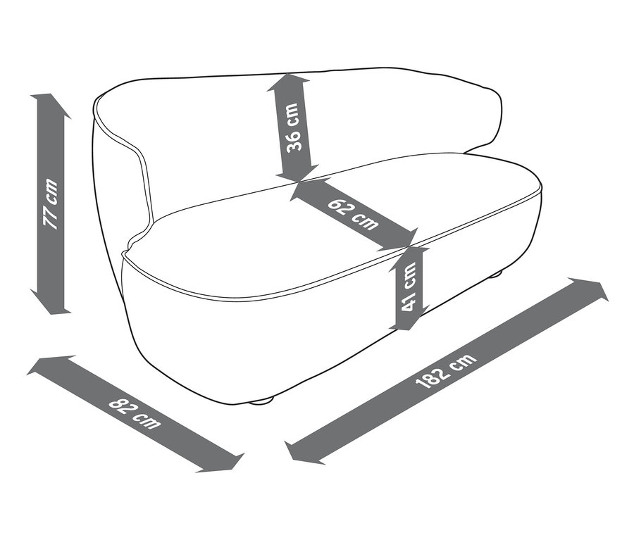 Abmessungen des 2-Sitzer-Sofas "Odense" werden mit Pfeilen und Abmessungen dargestellt.