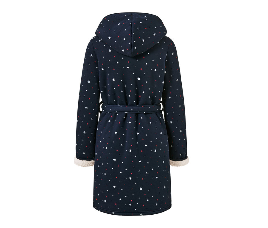 Rückansicht eines Kuschelmantels mit Sternenmuster, Kapuze und Gürtel.