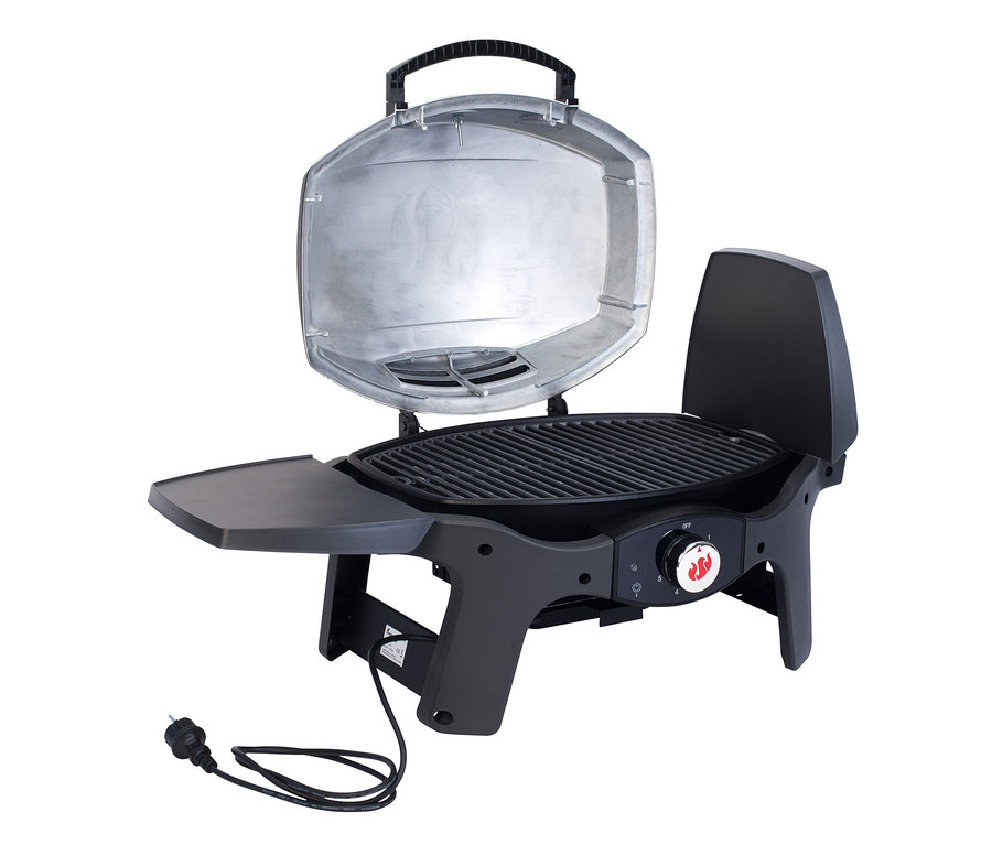 Ein schwarzer Elektrogrill mit offenem silbernem Deckel und schwarzem Kabel, Landmann Elektrogrill »12975 Pantera 2.000 W«.