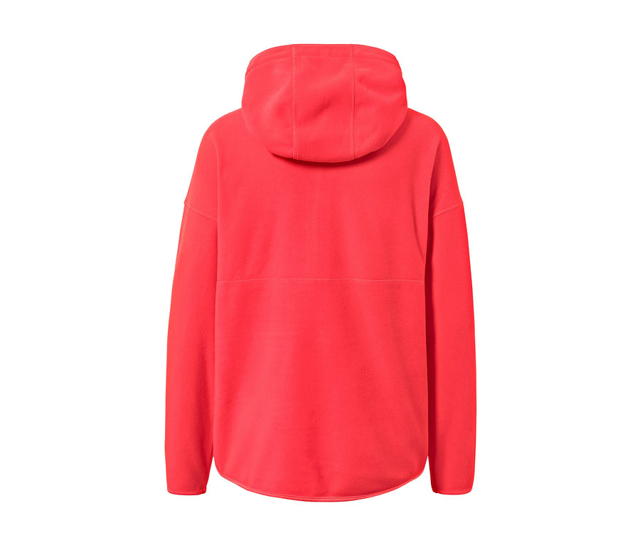 Rückansicht eines roten Kapuzen-Fleecepullovers.
