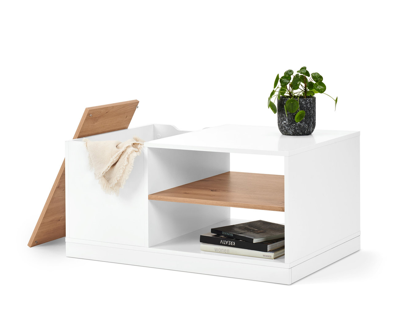 Weisser Couchtisch mit versteckten Rollen, offenem Holzfach und Topfpflanze.