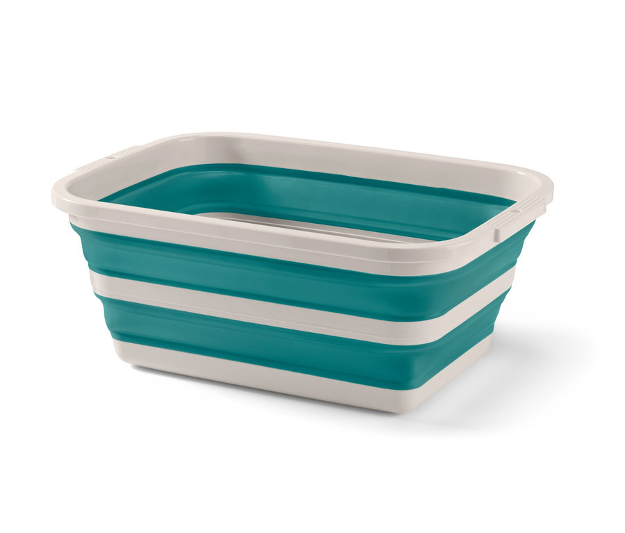 Faltbarer Wäsche-und-Spülkorb in Türkis und Creme.