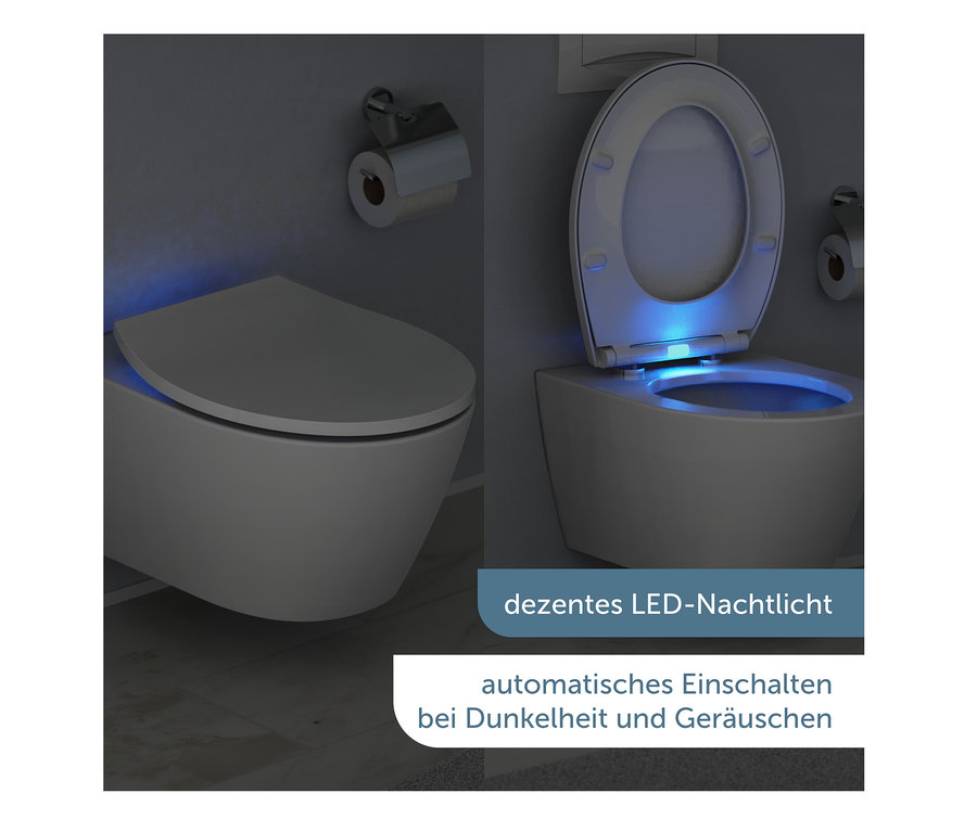 Zwei Duroplast WC-Sitze mit LED-Nachtlicht, eines geschlossen und eines geöffnet.