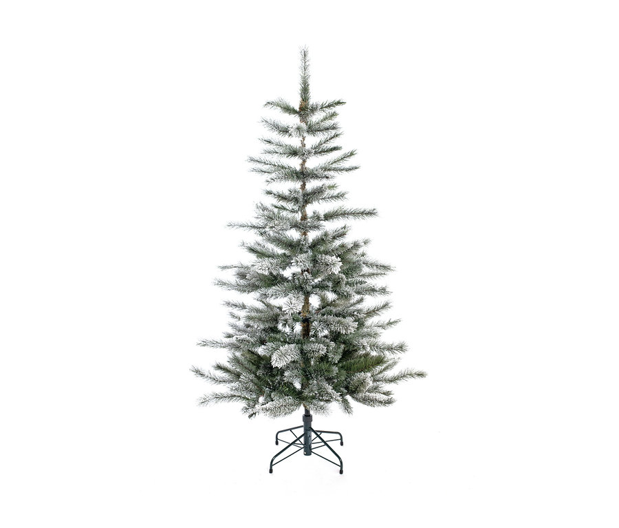 Ansicht einer schneebedeckten Cedar Fort Kiefer mit Metallständer, 150 cm hoch, vor einem weißen Hintergrund.