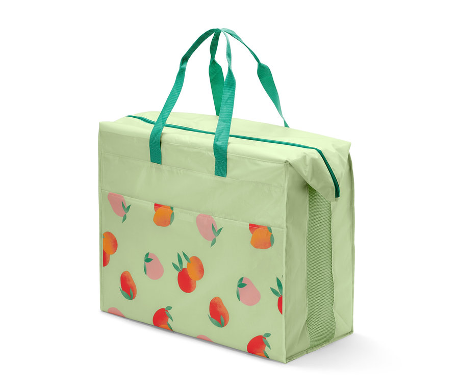 Eine hellgrüne Jumbo-Bettwarentasche mit Pfirsichmuster.