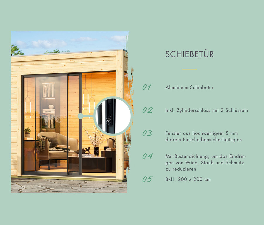 Detailansicht der Schiebetür des Karibu Gartenhauses »Modern 1« mit Aluminiumrahmen und Zylinderschloss.