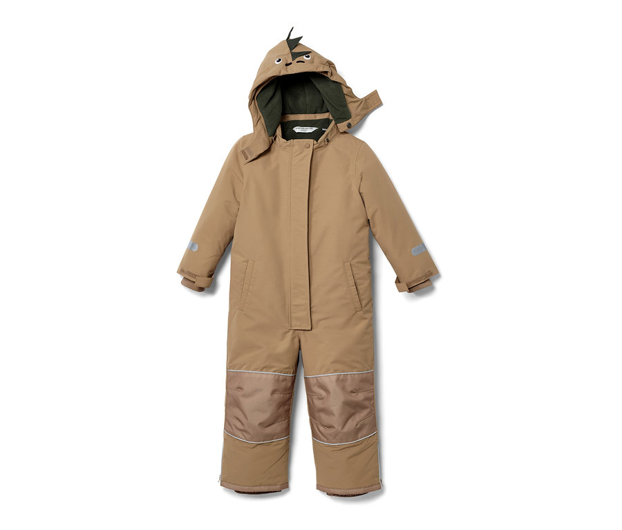 Ein brauner Kinder-Schneeanzug mit einer Kapuze mit Dinosaurier-Motiv.