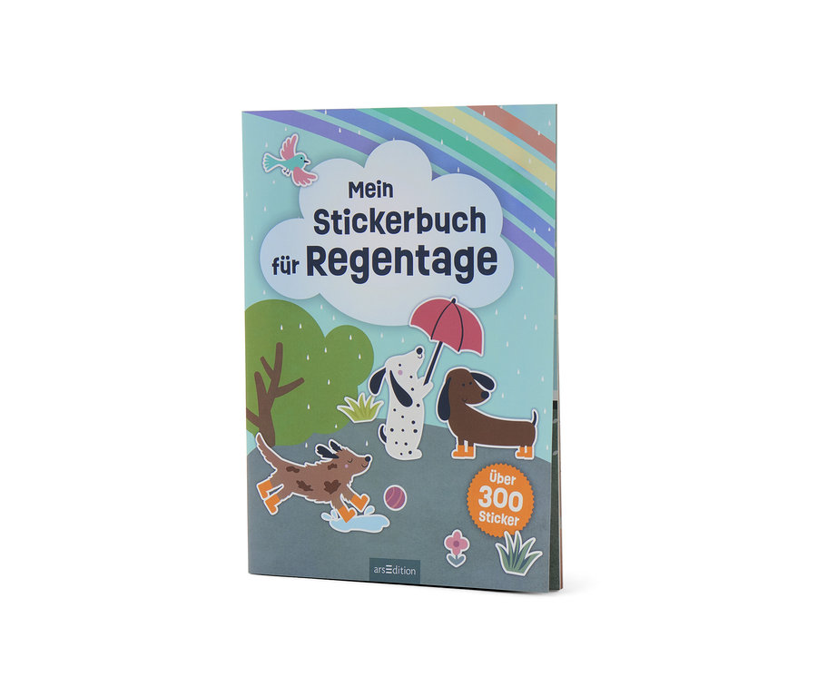 Buch »Mein Stickerbuch für Regentage« mit Abbildungen von Hunden im Regen.