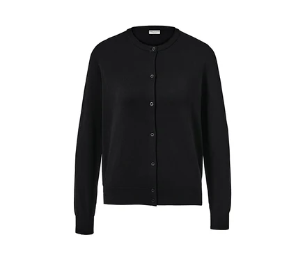 Schwarzer Feinstrick-Cardigan mit Rundhalsausschnitt und Knöpfen.