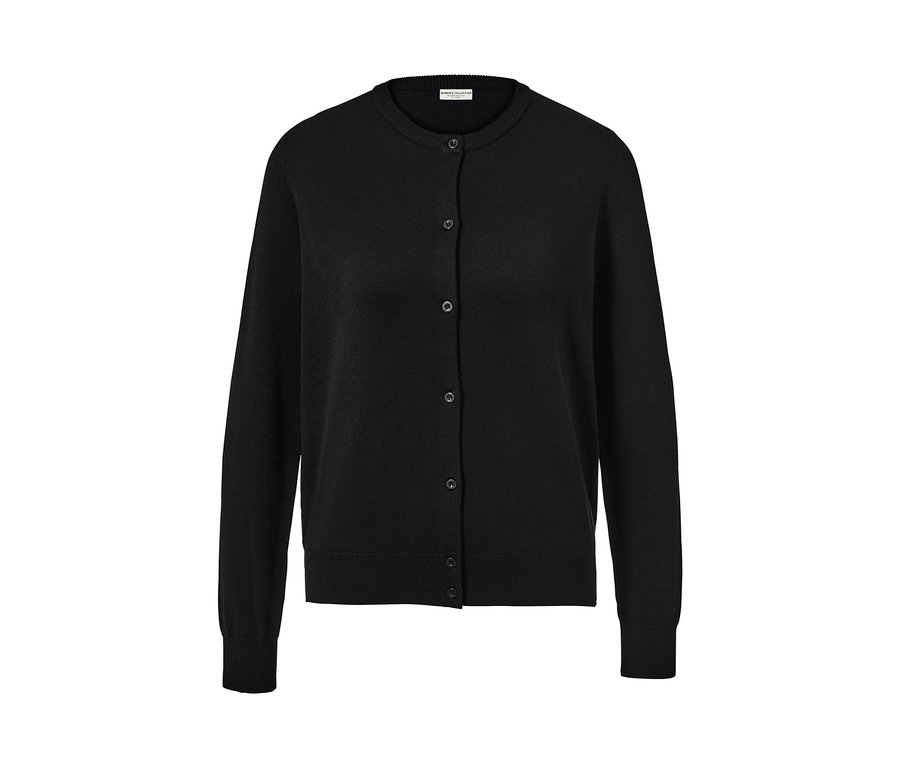 Schwarzer Feinstrick-Cardigan mit Rundhalsausschnitt und Knöpfen.