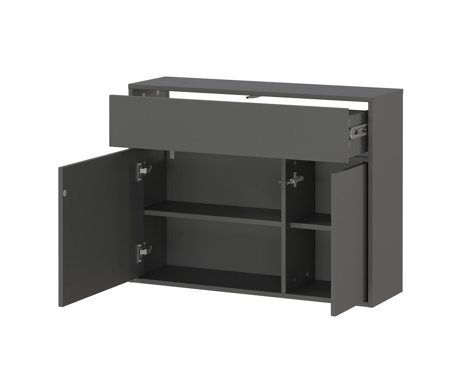 Ein grauer Ameca Mehrzweckschrank mit 2 Türen und einer Schublade, wobei die Türen geöffnet und die Schublade teilweise herausgezogen sind.