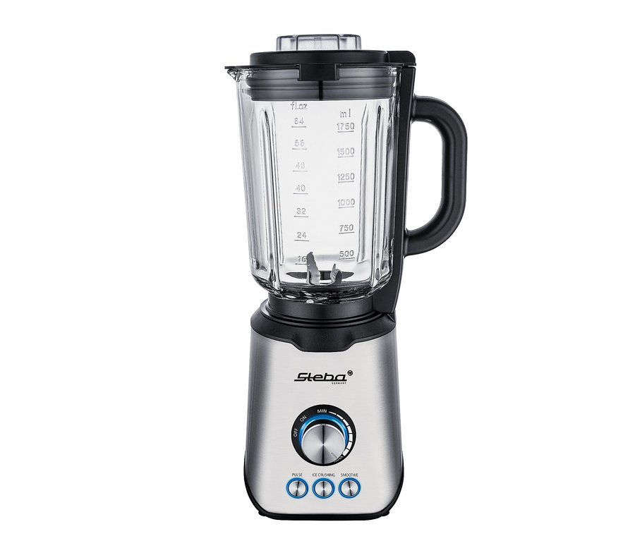 Silberner Steba Standmixer »MX 4 Plus« mit transparentem Glasbehälter und schwarzen Details.
