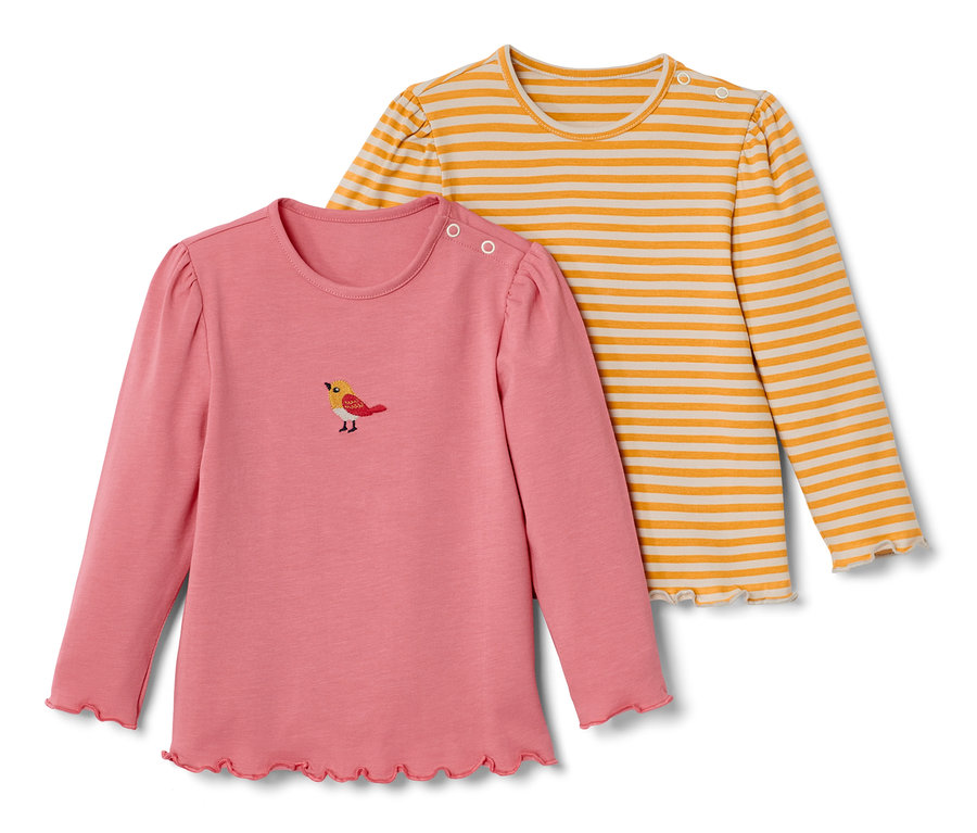 Zwei Kinder-Langarmshirts, eins rosa mit Vogel, eins gelb-weiss gestreift.