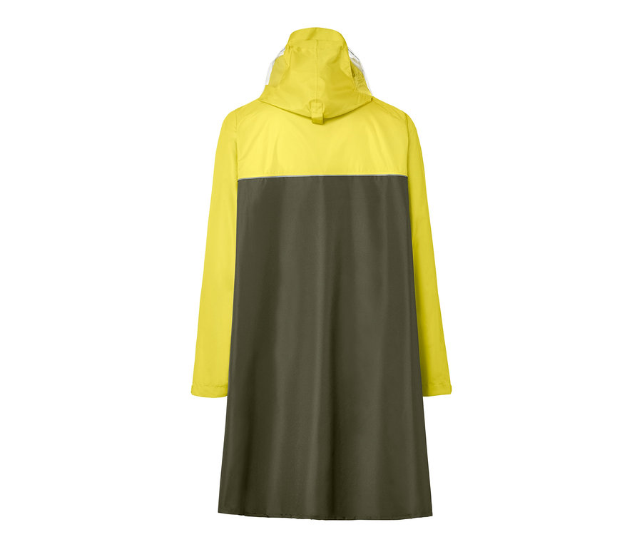 Gelb-khakifarbener Unisex-Regenponcho mit Ärmeln von hinten.