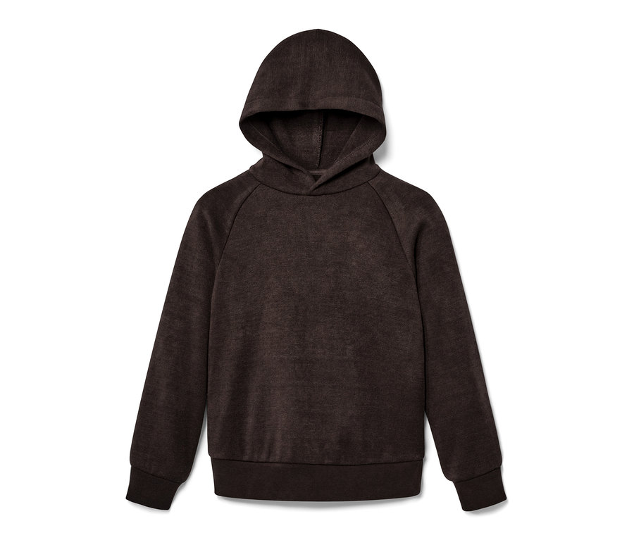 Ein brauner Kinder-Strickhoodie liegt auf einem weißen Hintergrund.