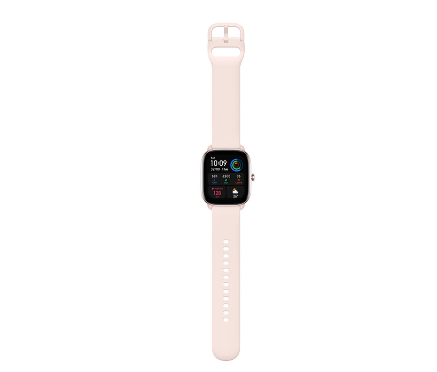 Nahaufnahme der Amazfit GTS 4 Mini-Smartwatch in Flamingo Pink.