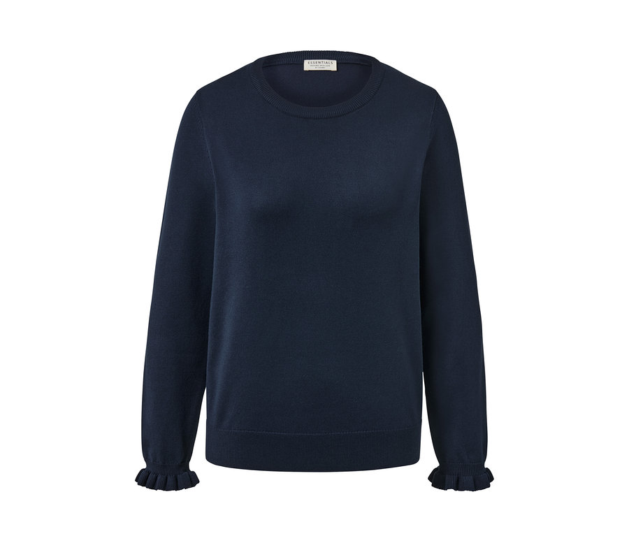 Dunkelblauer Feinstrickpullover mit Rüschendetail.