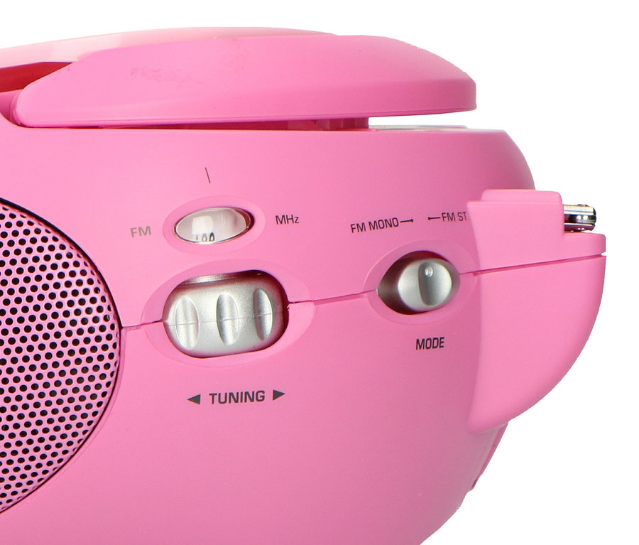 Detailansicht des pinken Lenco SCD-24 Boombox CD-Players mit Radio und Kopfhöreranschluss.