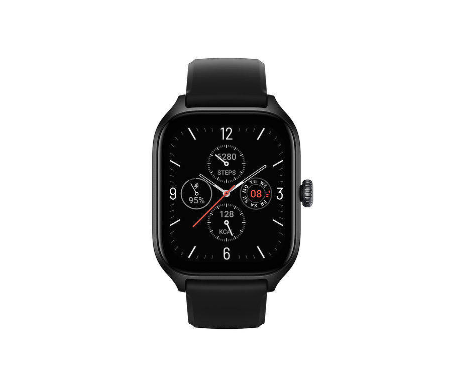 Eine schwarze Smartwatch zeigt die Uhrzeit, das Datum und Aktivitätsdaten auf dem Zifferblatt. Zu sehen ist die Amazfit GTS 4 Smartwatch in Infinity Black.