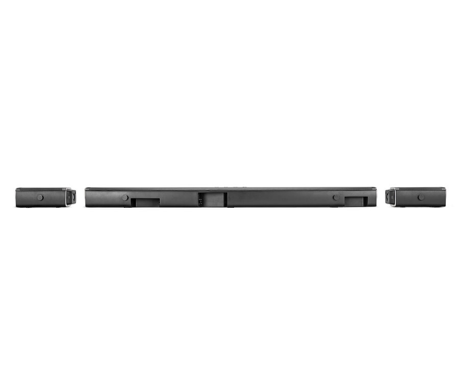 Schwarze JBL BAR 5.1 – 5.1-Kanal 4K Ultra HD-Soundbar mit kabellosen Surround-Lautsprechern.