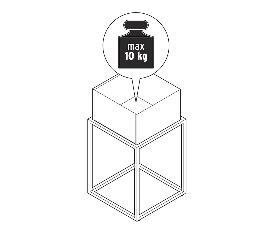 Eine Pflanzenbox mit einem Gewichtslimit von 10 kg ist abgebildet.