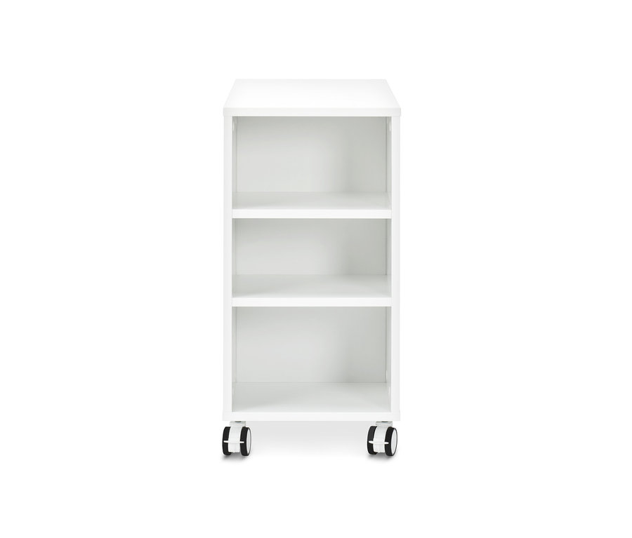 Ein weißes Stauraumregal mit Rollen und drei Regalböden.