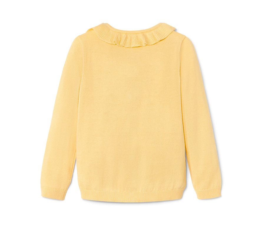 Gelbe Baby-Strickjacke mit Rüschenkragen.