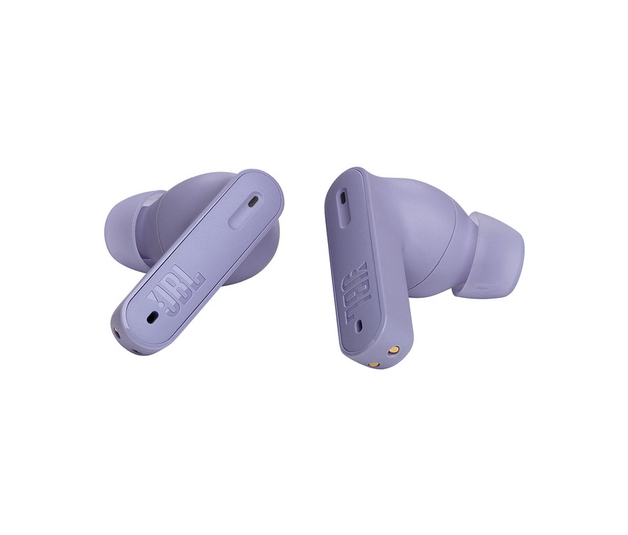 Zwei lila JBL Tune Beam Kopfhörer auf weißem Hintergrund.