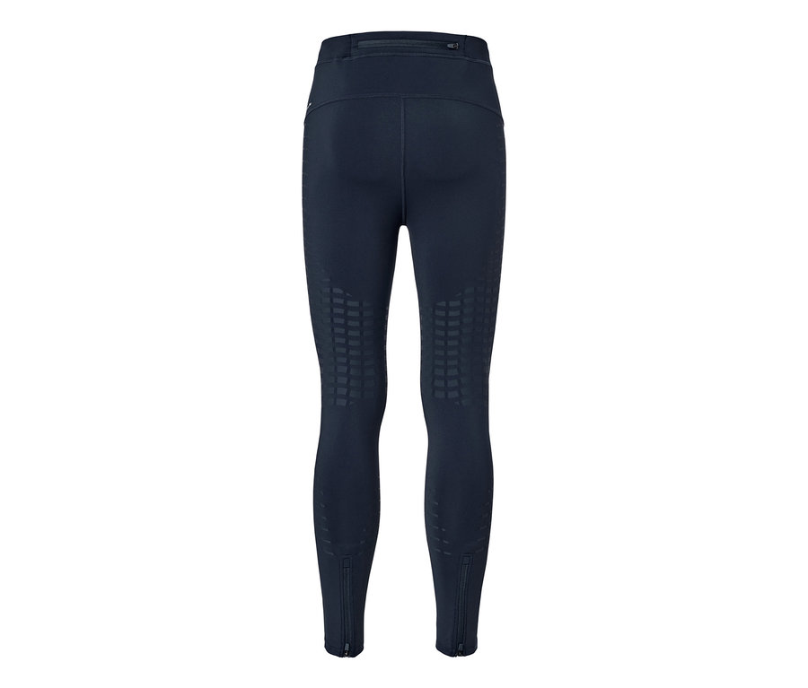 Dunkelblaue Lauftight von hinten mit geometrischem Muster und Reißverschlüssen an den Knöcheln.