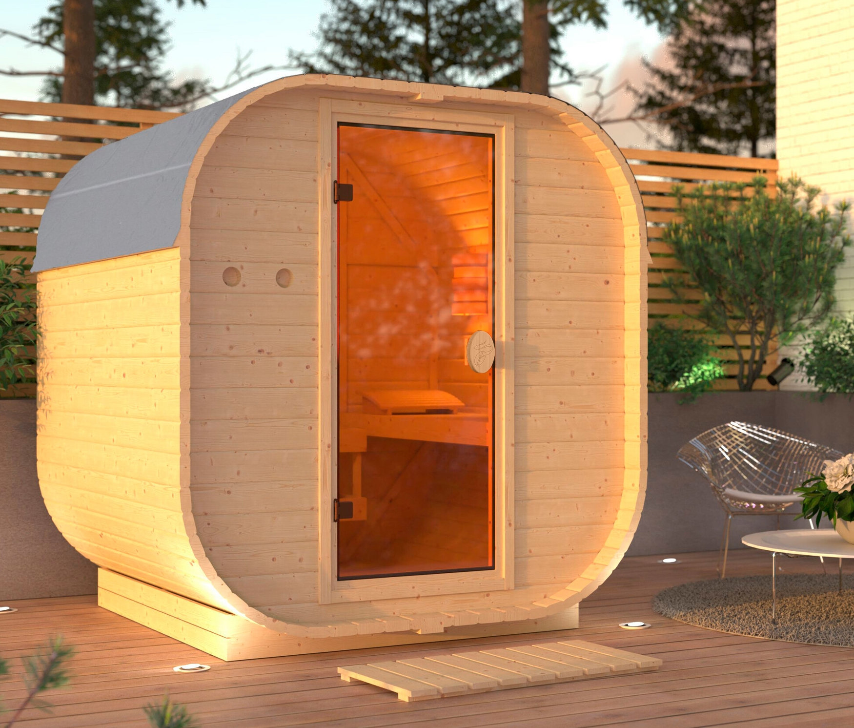 Außenansicht der Karibu Fasssauna »Frieda 1«.