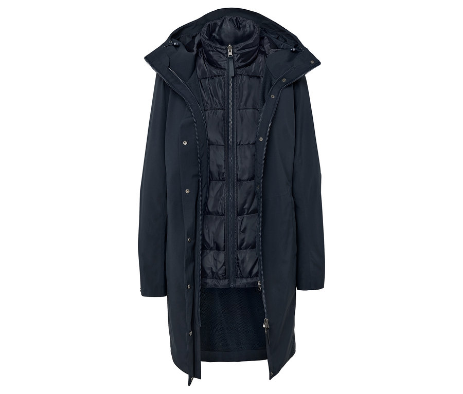 Offener, dunkelblauer Mantel mit Kapuze und Steppweste.
