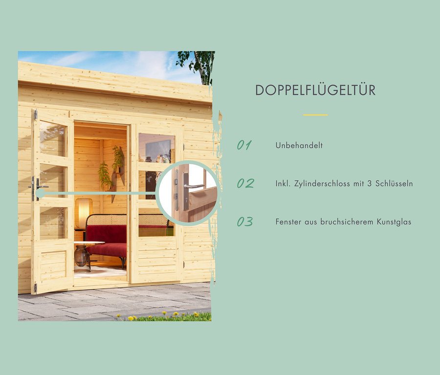 Geöffnete Doppelflügeltür zum Karibu Gartenhaus mit bepflanzbarem Dach.