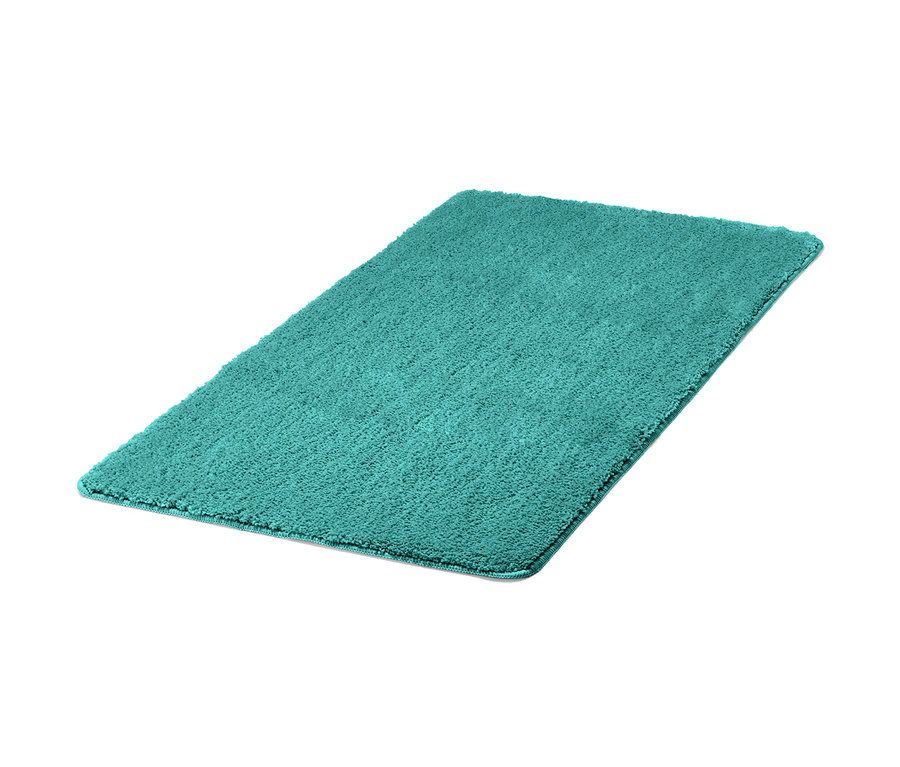 Rechteckiger Teppich in Türkis auf weißem Hintergrund.