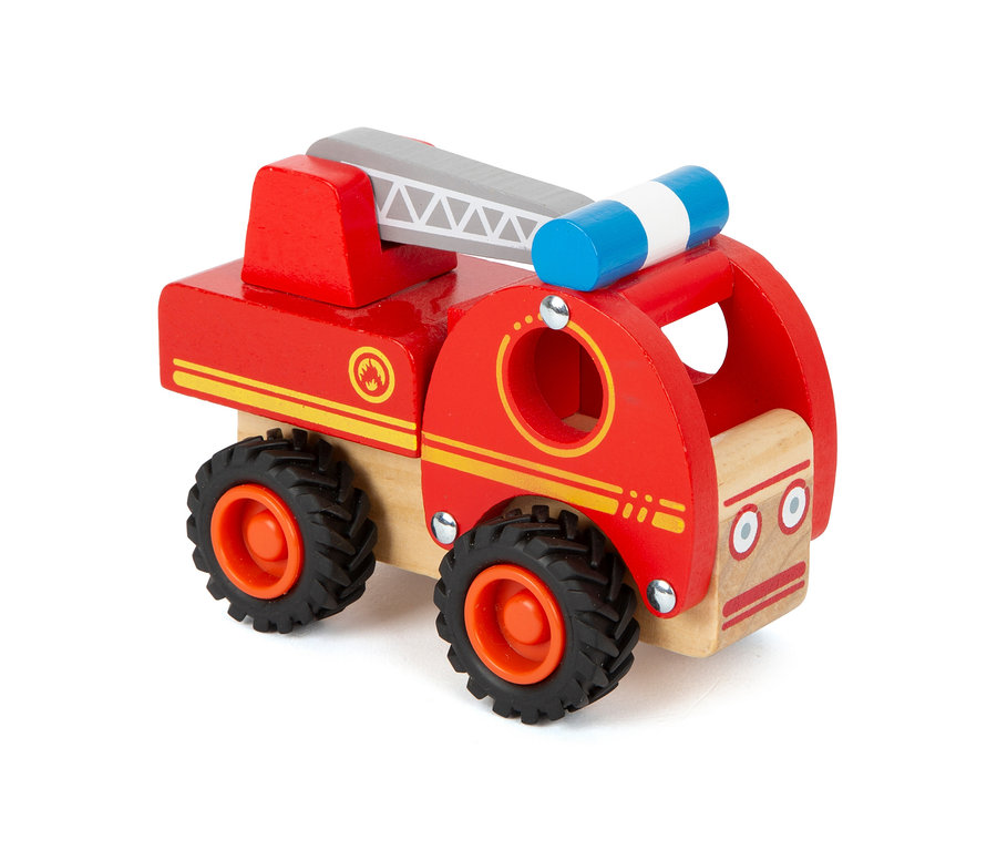 Rotes Holzfeuerwehrauto aus dem small foot Fahrzeuge-Set.