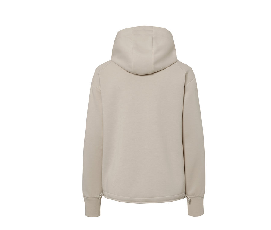 Beige Kapuzen-Sweatjacke von hinten.