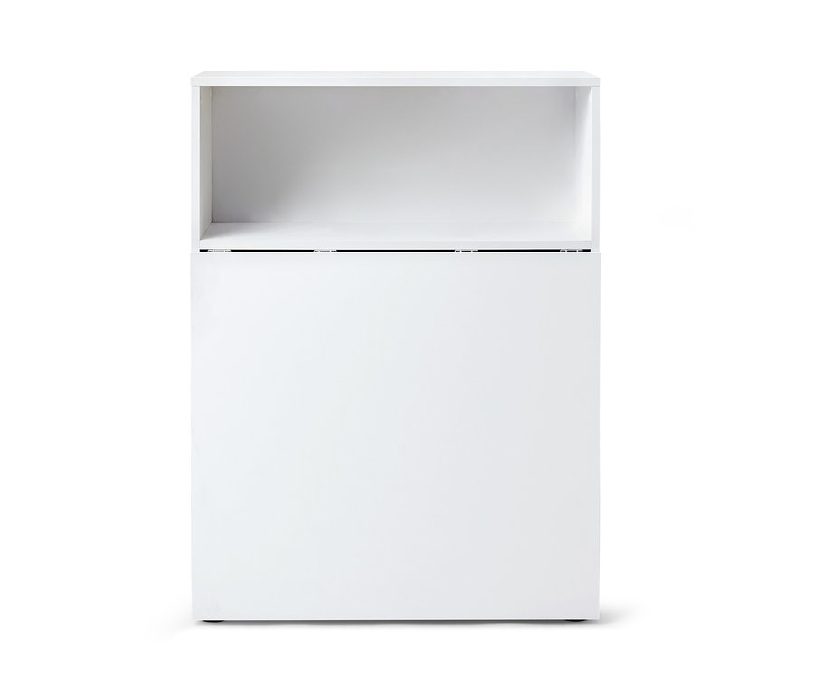 Weißes Regal mit ausklappbarem Tisch.