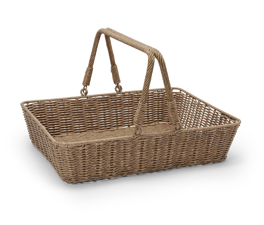 Rechteckiges Korbtablett mit Griffen.