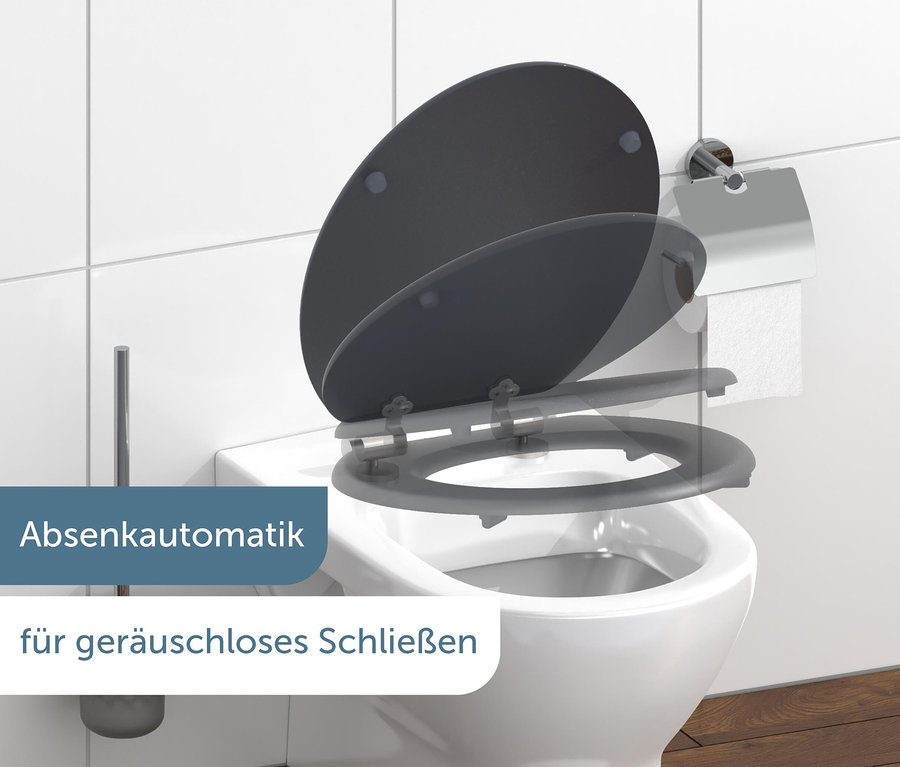 WC-Sitz Spirit aus MDF auf einer Toilette mit Toilettenpapier.