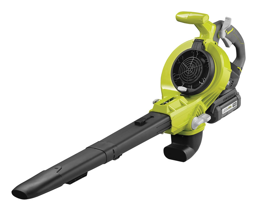 Ein grüner Ryobi 36 V Akku-Laubbläser und -Sauger mit einer schwarzen Düse.