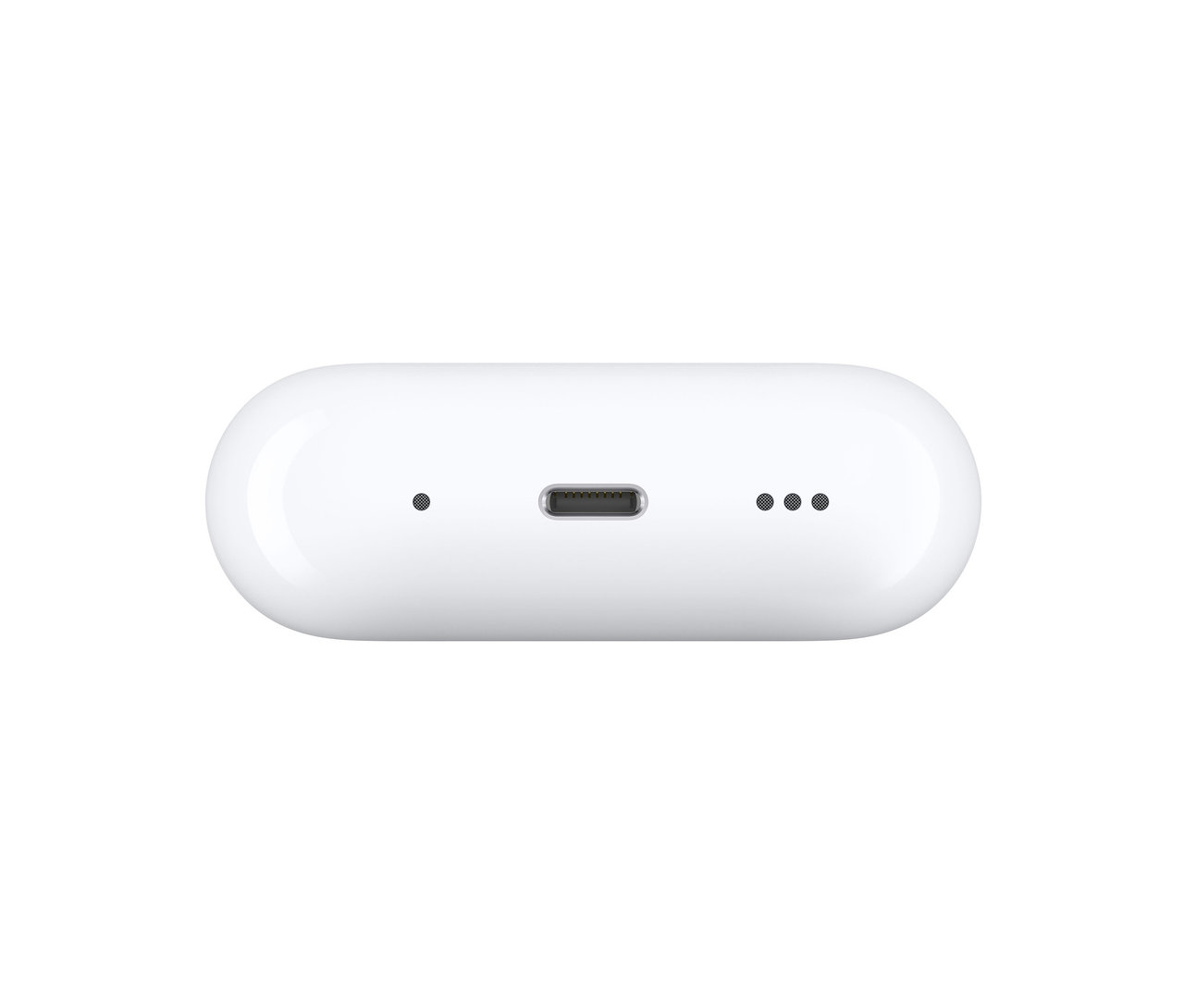 Detailansicht von oben auf das weiße Apple AirPods Pro 2. Generation Ladecase mit MagSafe.