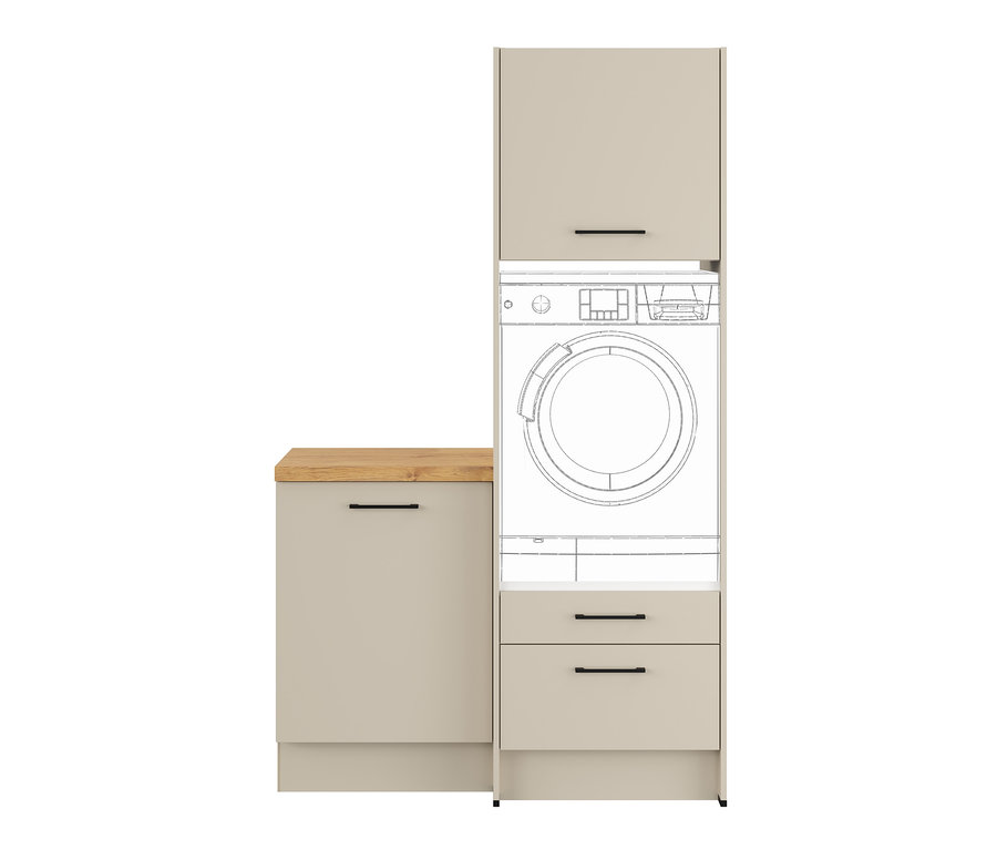 Skizze eines Waschmaschinenschranks mit Unterschrank, rechts, kieselgrau.