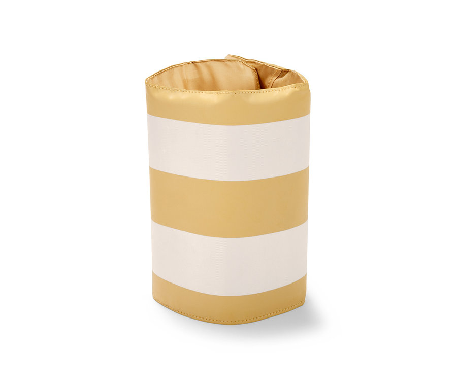 Eine Flaschen-Kühlmanschette mit goldenen und weißen Streifen.