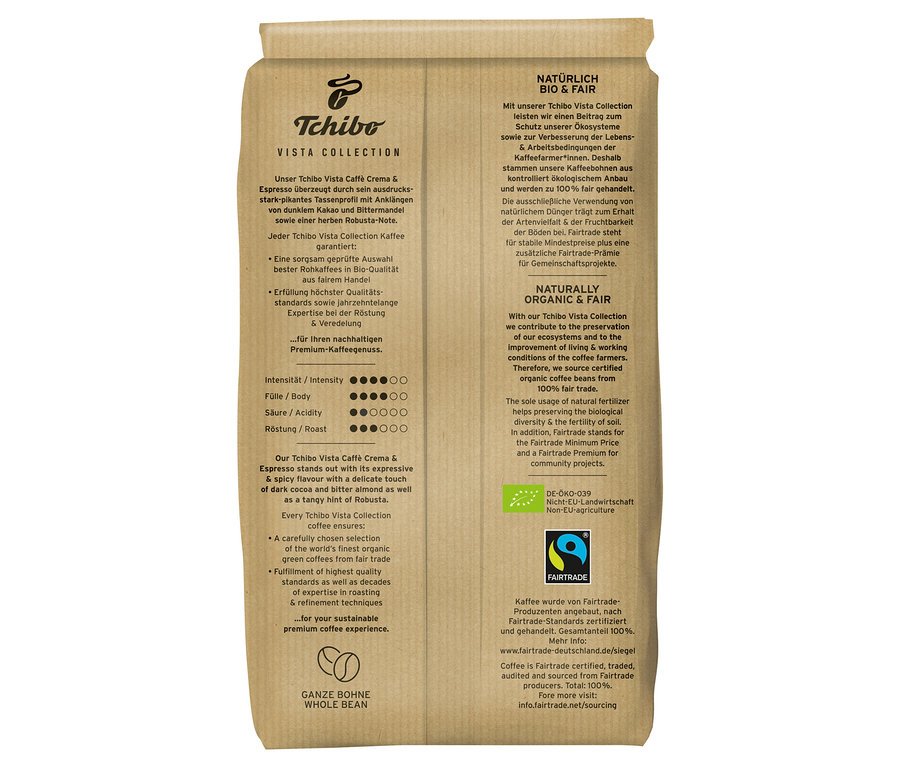 Eine Packung Tchibo Vista Collection Bio Caffé Crema & Espresso - 1x 1 kg Ganze Bohne.