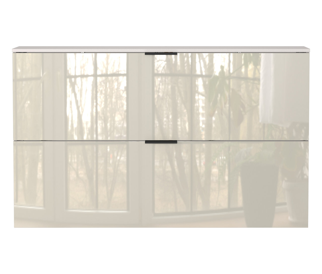 Ein zweitüriger Schuhschrank »Valega« in Kaschmir mit schwarzen Griffen.