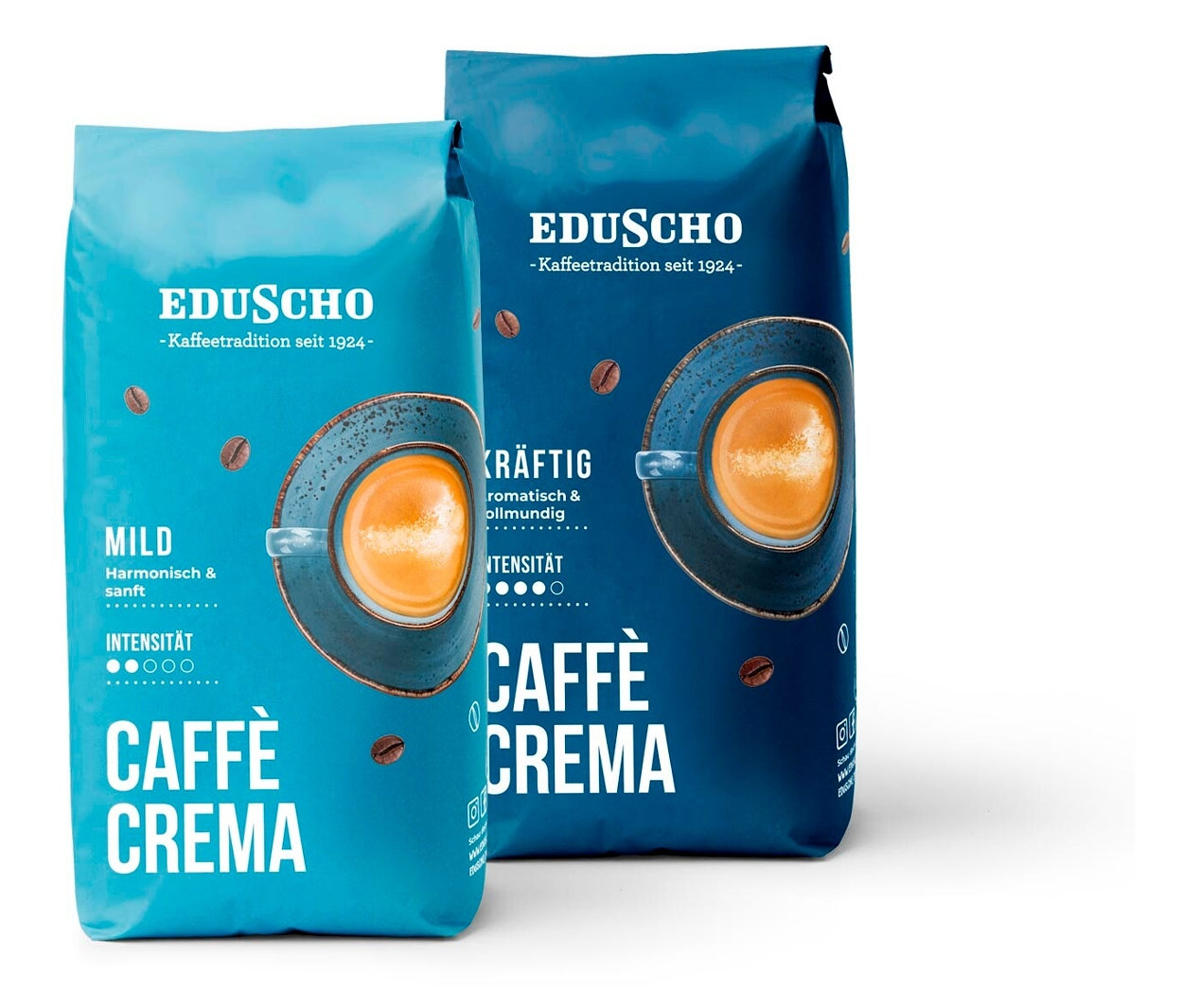 Zwei Packungen Eduscho Caffè Crema in verschiedenen Sorten nebeneinander.
