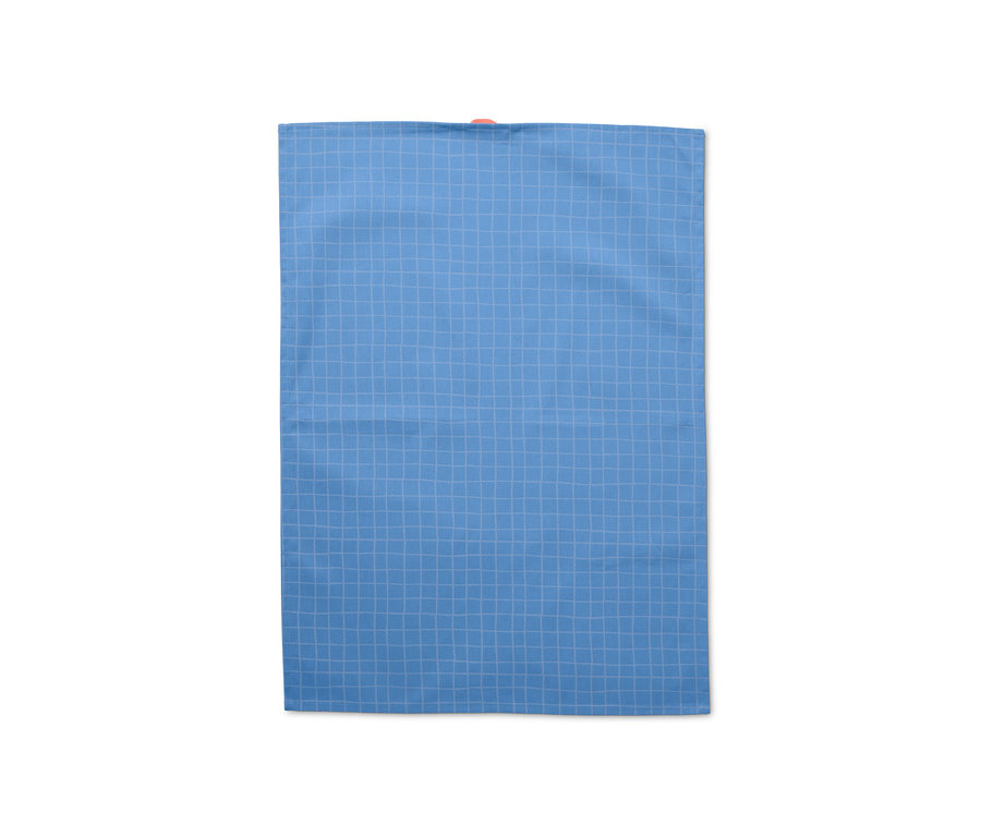 Blaues Geschirrtuch mit Gittermuster.
