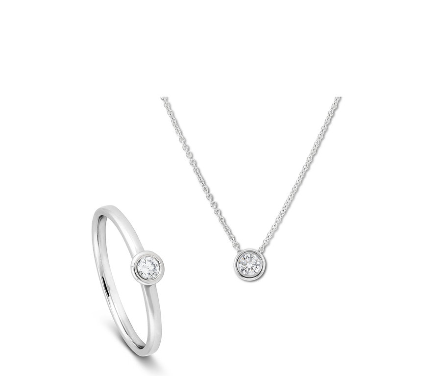 Silberring mit Diamant und silberne Halskette mit Diamantanhänger, 585 Weißgold Collier, Diamanthänger.