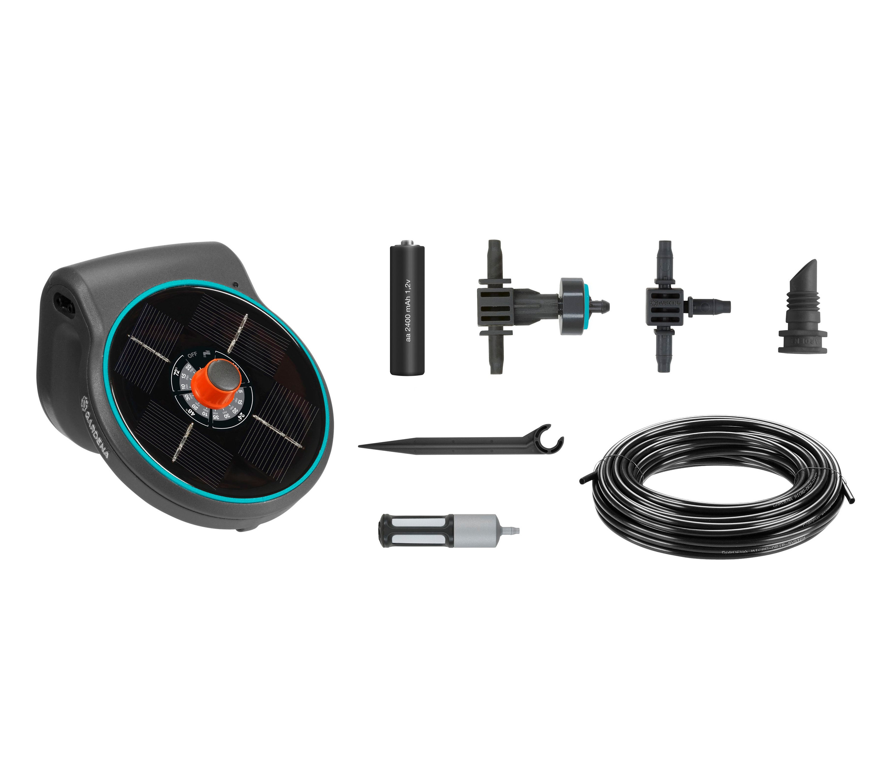 GARDENA Solar-Bewässerungs-Set AquaBloom mit schwarzer Solareinheit, Batterie, Bewässerungsdüsen, Schlauch und Zubehör.